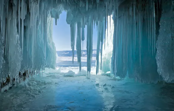 Лед, зима, озеро, сосульки, Байкал, пещера, грот