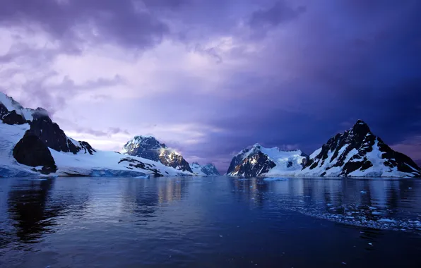 Картинка снег, закат, горы, океан, ледник, Antarctica
