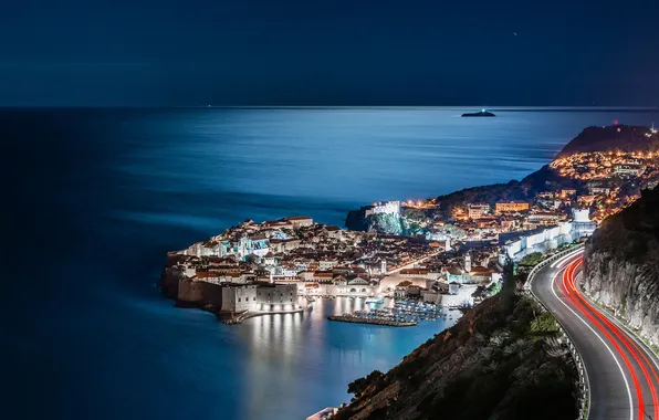 Картинка море, ночь, город, огни, выдержка, курорт, Хорватия, Дубровник