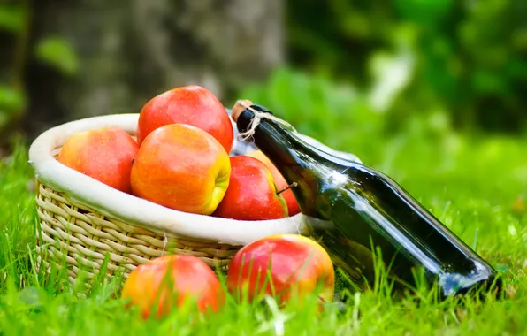 Картинка трава, вино, корзина, яблоки, бутылка, пикник, салфетка