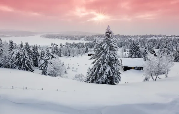 Картинка зима, снег, дома