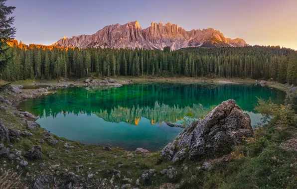 Лес, свет, горы, озеро, отражение, камни, берег, камень