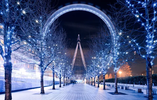 Картинка деревья, ночь, Англия, Лондон, вечер, освещение, дорожка, Великобритания