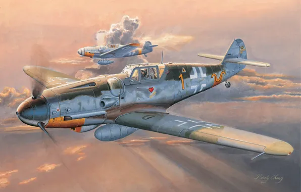 Картинка war, art, painting, aviation, ww2, Messerschmitt Bf 109