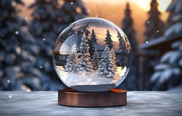 Картинка зима, лес, снег, ночь, lights, елка, шар, Новый Год