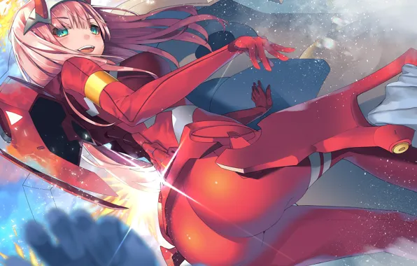 Девушка, улыбка, рука, аниме, арт, 002, Darling In The Frankxx, Милый во Франксе
