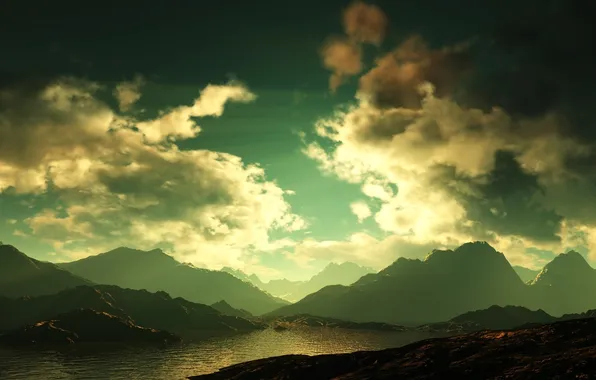 Картинка зелень, закат, горы