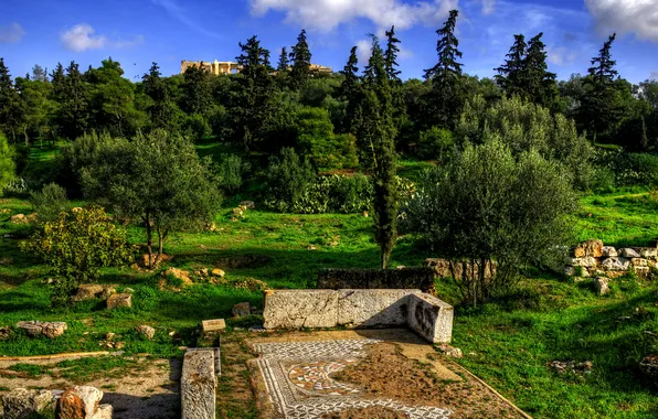 Трава, деревья, камни, Греция, развалины, кусты, Acropolis, Athens