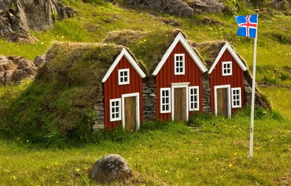 Картинка трава, камни, флаг, домики, Исландия