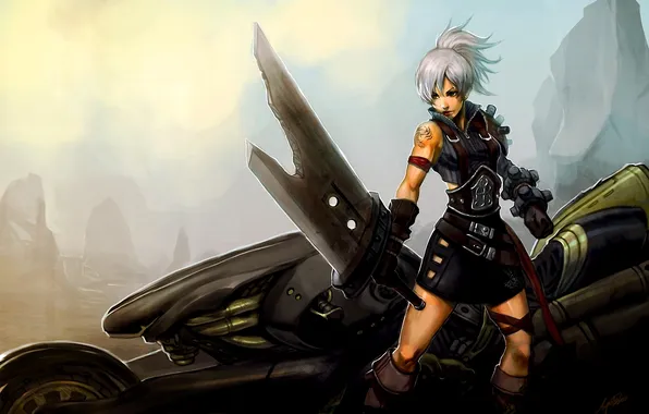 Картинка девушка, оружие, меч, мотоцикл, лента, league of legends, riven