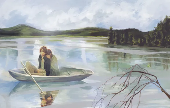 Девушка, озеро, лодка, рисунок, ветка, парень, yano motoharu, bokura ga ita
