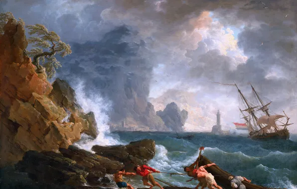 Картинка Волны, Люди, Корабль, Тучи, Ветер, Картина, Claude-Joseph Vernet, Французский живописец