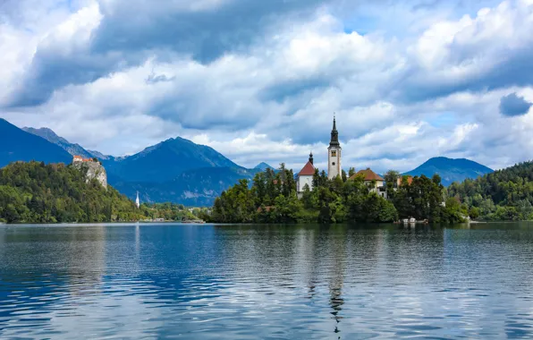 Небо, облака, горы, озеро, остров, Словения, Lake Bled, Slovenia