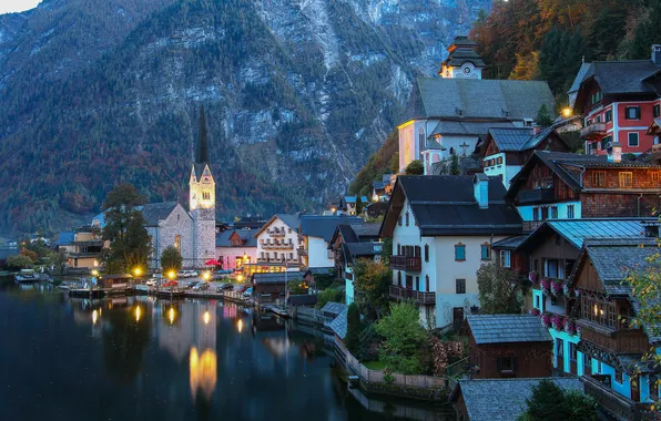 Горы, озеро, дома, Австрия, Альпы, Hallstatt