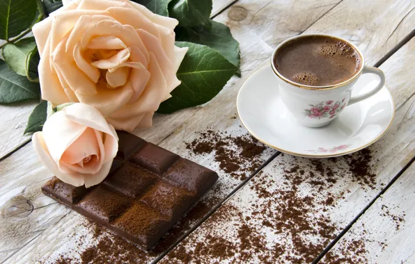 Картинка цветы, кофе, шоколад, розы