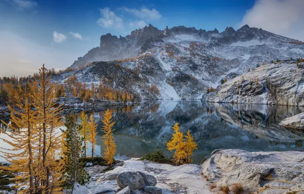 Картинка зима, осень, лес, небо, облака, снег, деревья, горы