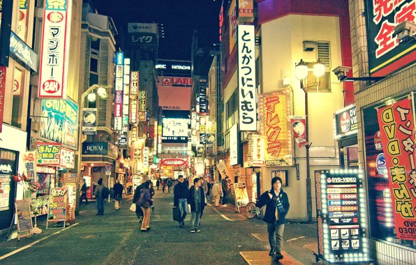 Люди, улица, неон, Япония, Токио, магазины, быт, рестораны
