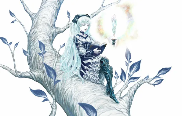Картинка кристалл, девушка, дерево, арт, книга, vocaloid, hatsune miku, сидя