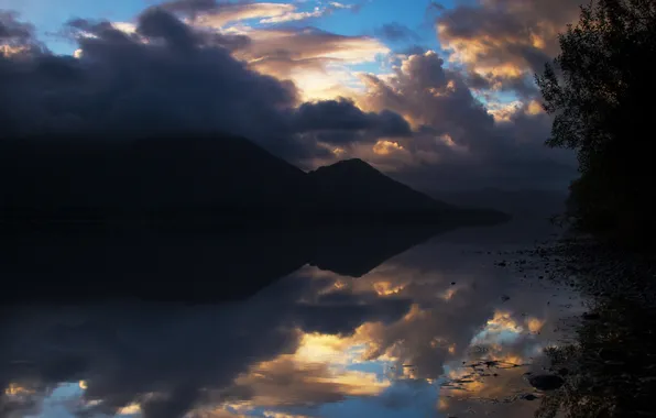 Облака, деревья, закат, горы, тучи, озеро