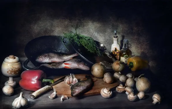 Картинка грибы, еда, рыба, лук