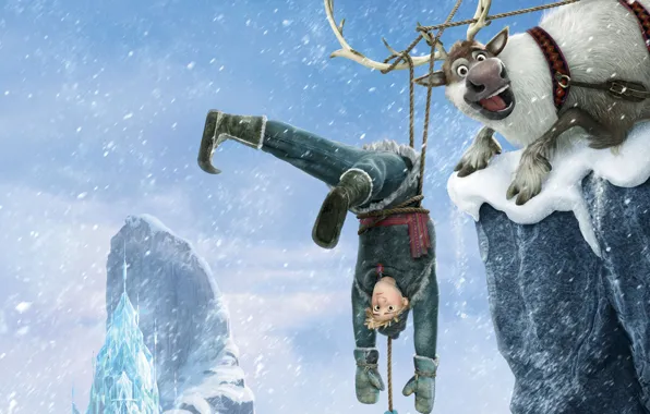 Картинка снег, снежинки, лёд, олень, Frozen, королевство, Walt Disney, анимация