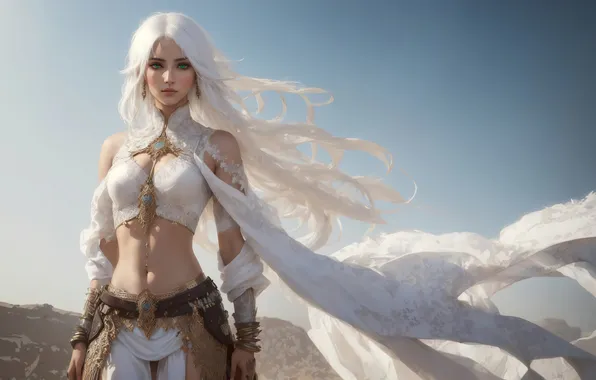Girl, green eyes, art, painting, digital art, fantasy art, white hair, fantasy girl