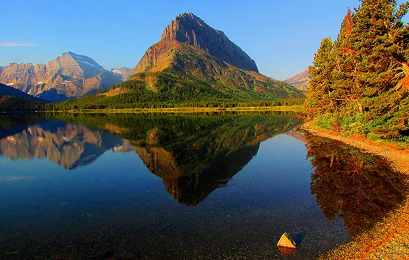 Осень, лес, небо, горы, озеро, Монтана, США, glacier national park
