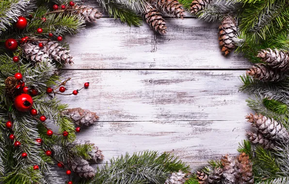 Картинка снег, украшения, ягоды, елка, Новый Год, Рождество, Christmas, шишки