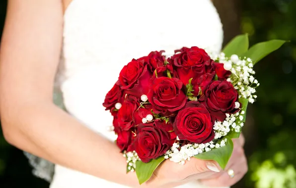 Картинка цветы, розы, руки, свадебный букет