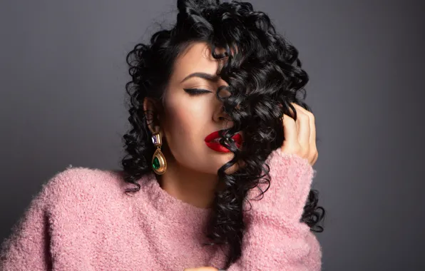 Картинка модель, волосы, брюнетка, свитер