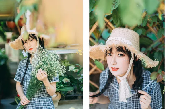 Asian, Model, Flower, pretty, Woman, Bouquet, Hat, Outdoor