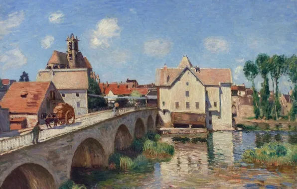 Картинка пейзаж, мост, город, река, картина, Alfred Sisley