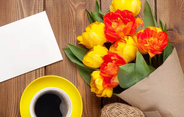 Картинка кофе, букет, colorful, тюльпаны, yellow, flowers, cup, tulips