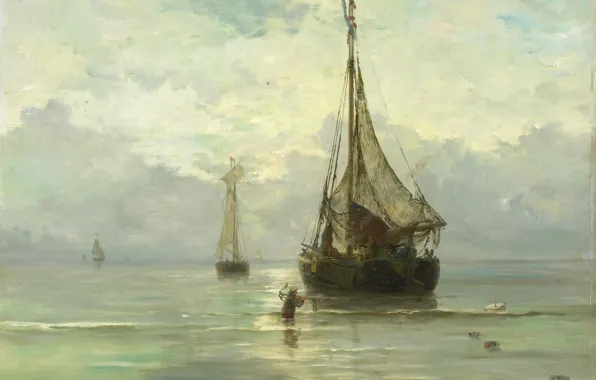 Картинка лодка, корабль, масло, картина, парус, холст, морской пейзаж, Спокойное Море