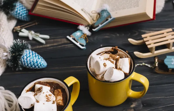 Книга, декор, горячий шоколад, marshmallows