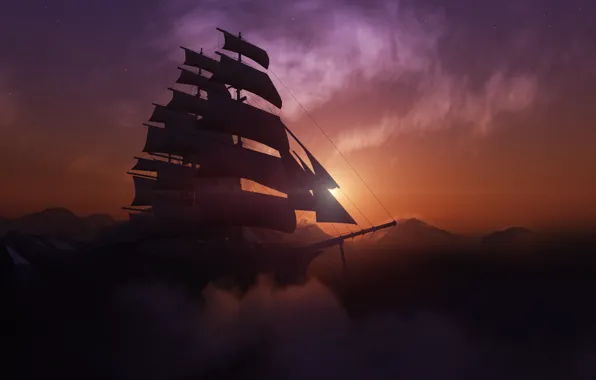 Картинка солнце, закат, горы, корабль, парусник, бриг
