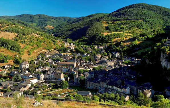 Горы, город, Франция, панорама, panorama, средневековая архитектура, Meyrueis, Sur-Meyrueis