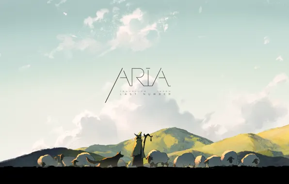 Sky, animals, nature, anime, dog, clouds, Aria, sheep