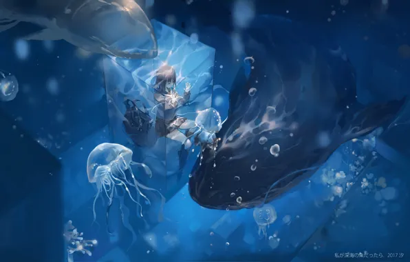 Девушка, аниме, арт, медузы, под водой, qqwew00123