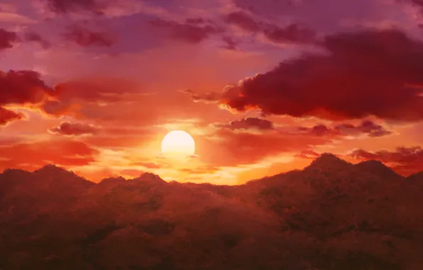 Картинка небо, солнце, облака, горы, природа, аниме, арт, cura