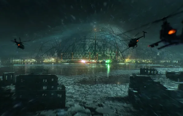 Картинка море, снег, ночь, здание, вертолеты, Crysis 3