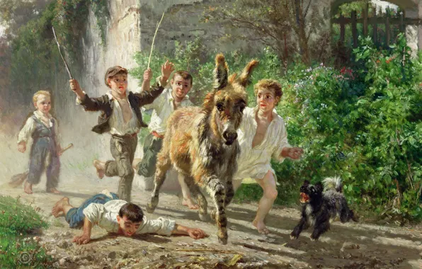 Картинка собачка, ослик, Филиппо Палицци, Уличные мальчишки