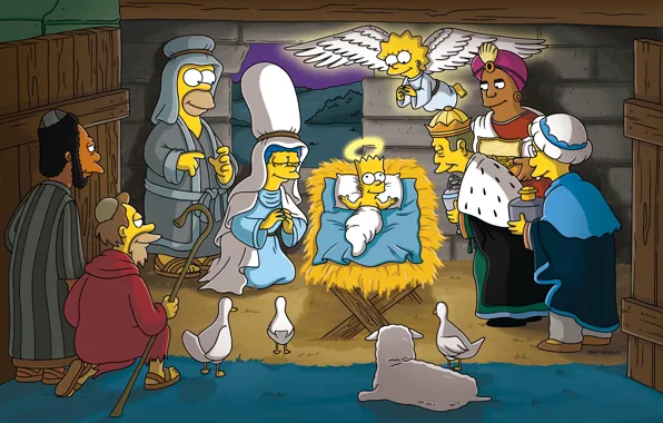 Картинка Симпсоны, Рождество, Гомер, Барт, Лиза, The Simpsons, Мардж, Доктор Хилберт
