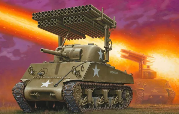 Картинка огонь, арт, танк, американский, установка, для, средний, шерман