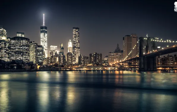 Картинка свет, ночь, город, огни, здания, Нью-Йорк, Бруклин, подсветка