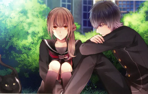 Разговор, на улице, школьники, visual novel, черная кошка, в саду, парень с девушкой, Suuran Digit