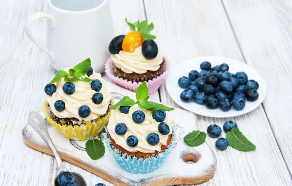 Ягоды, стол, черника, тарелка, крем, sweet, dessert, кексики