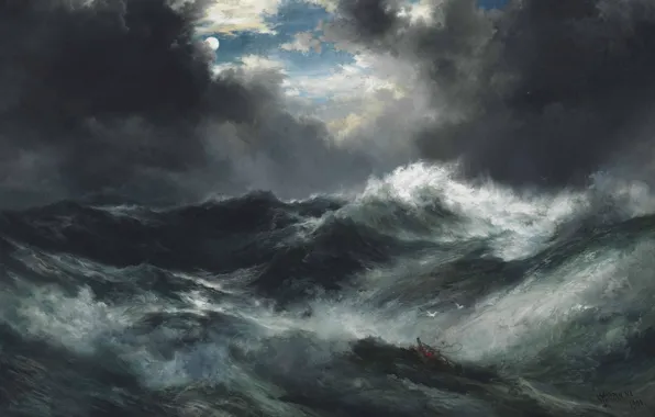 Картинка море, волны, свет, ночь, тучи, шторм, луна, картина