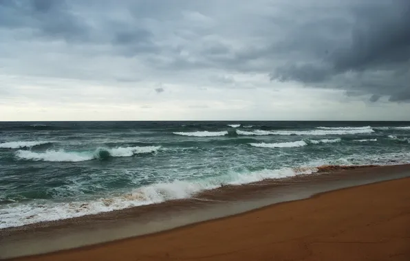 Картинка песок, море, волны, пляж, небо, вода, облака, пейзаж