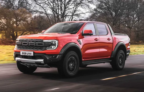 Картинка дорога, деревья, скорость, Ford, шоссе, Raptor, пикап, экстерьер